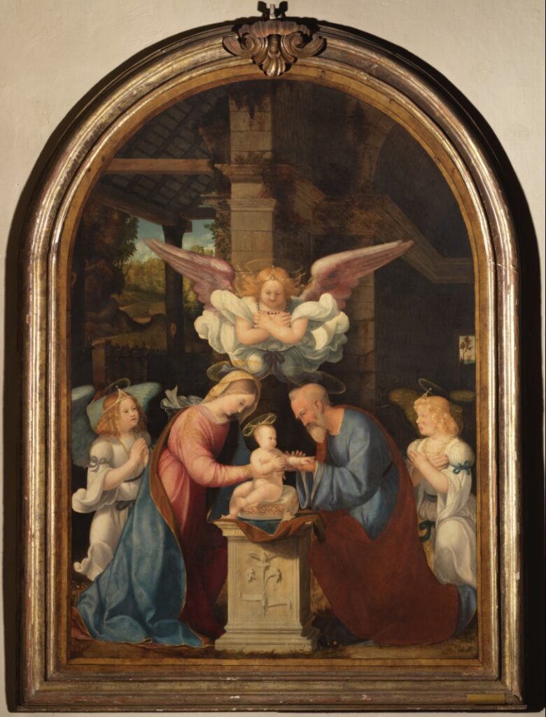 1. Pala Natività
Andrea Previtali
Natività
1520 circa
Olio su tela – cm 186 × 136
Arconate, Chiesa Sant’Eusebio, prima nel Santuario di Santa Maria Nascente